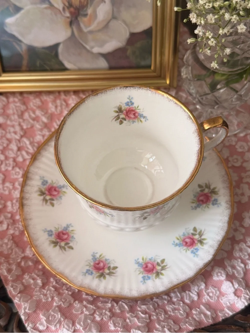 Vintage White Porcelain Teacup and Saucer with Pink Rose Pattern and Gold Trim